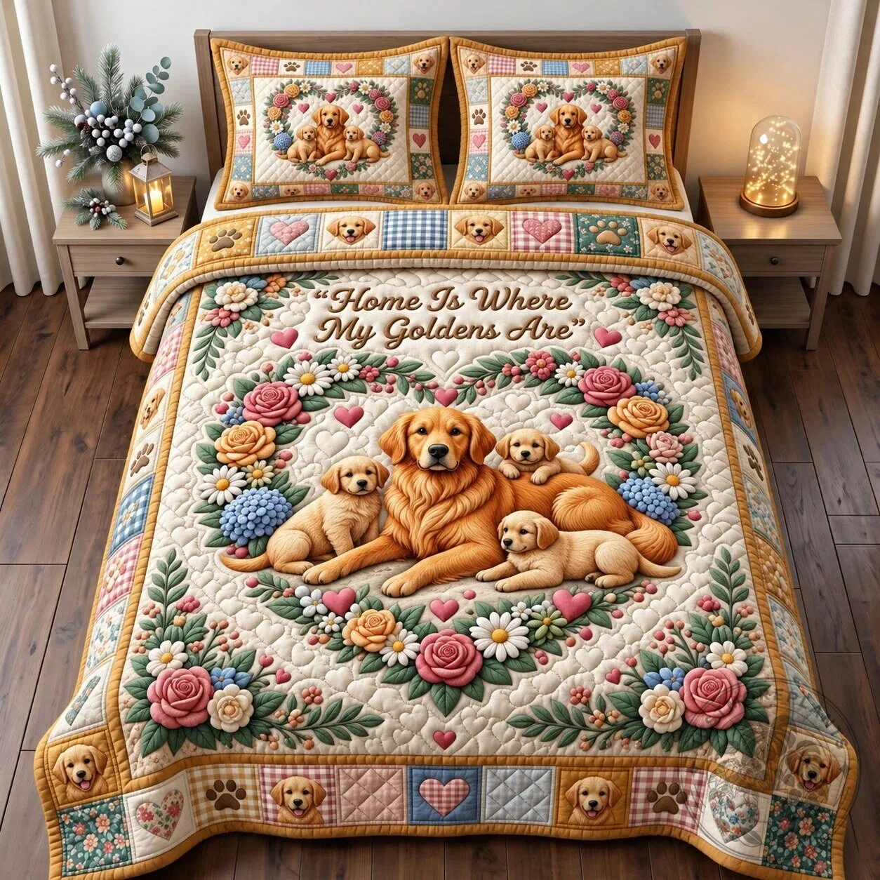 Golden Retriever Dog Family "Home Is Where My Goldens Are" Quilted Bedding Set 5 Golden Retriever Dog Family "Home Is Where My Goldens Are" Quilted Bedding Set