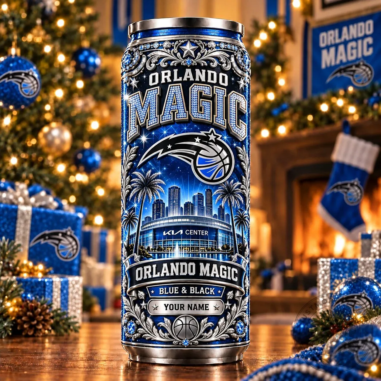 Orlando Magic Personalized NBA Blue & Black Christmas Can Tumbler