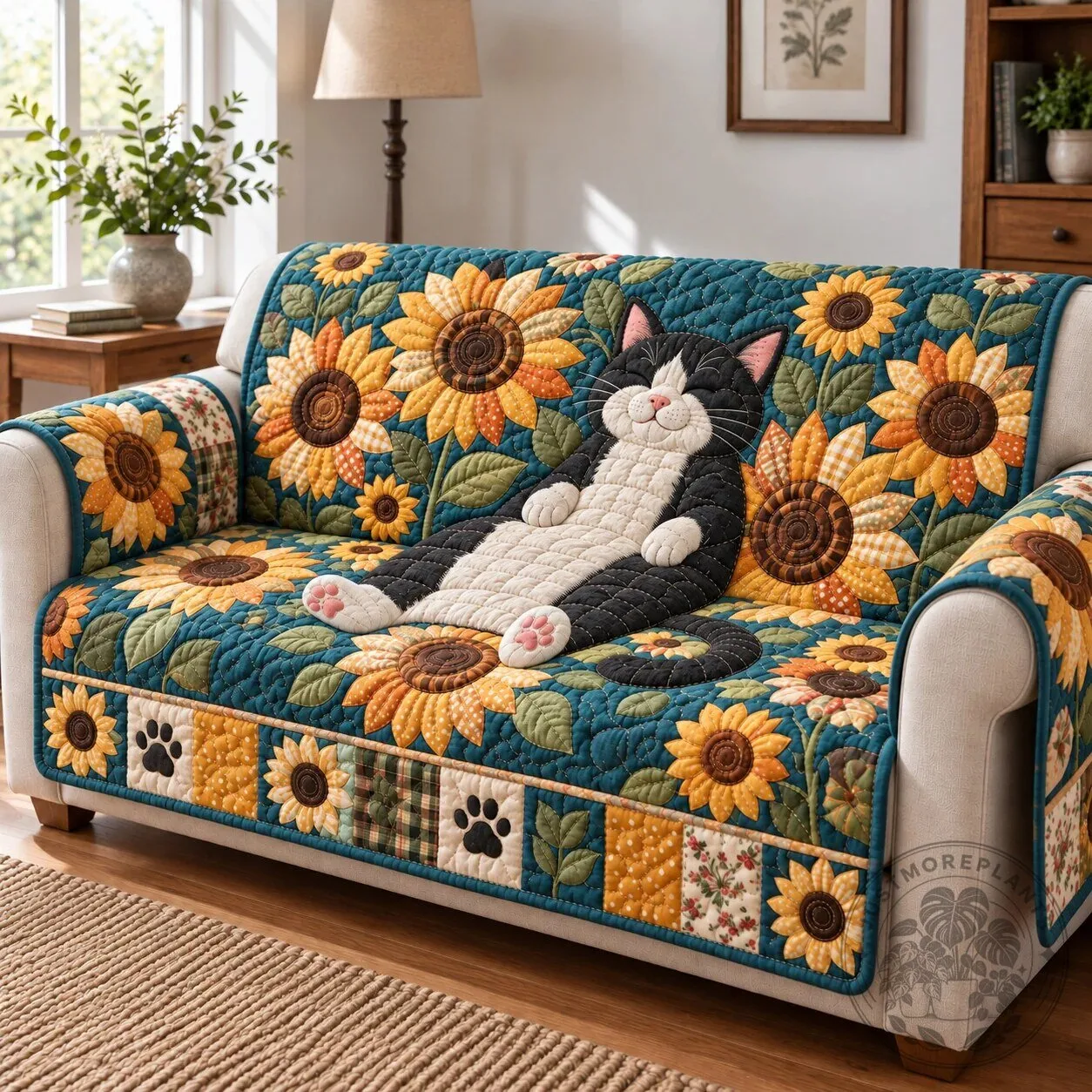 Sunflower Cat Delight Quilted Sofa Cover Protector with Paw Prints