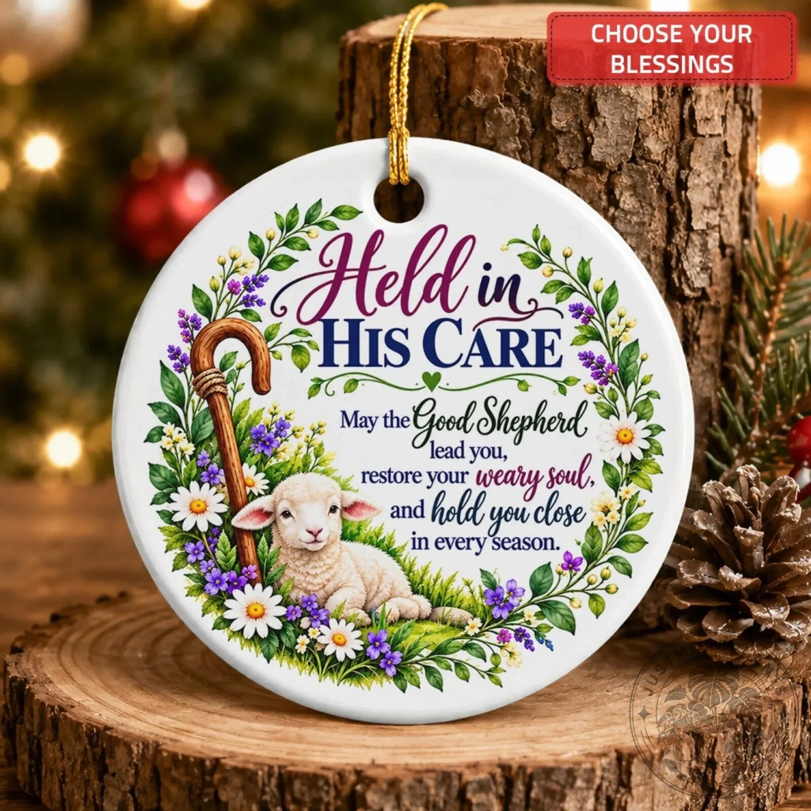 Held in His Care Good Shepherd Lamb Religious Christmas Holiday Ornament