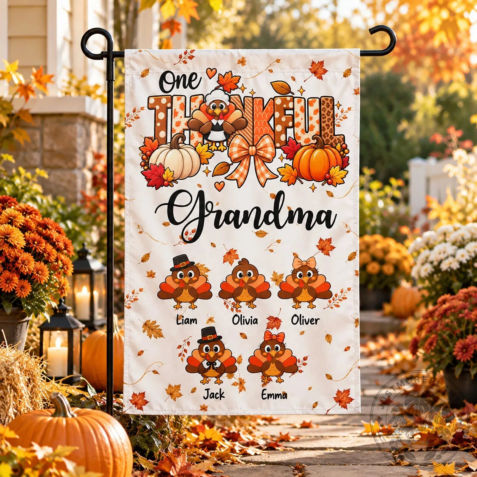 Personalized One Thankful Grandma Custom Grandkids Turkey Thanksgiving Garden Flag