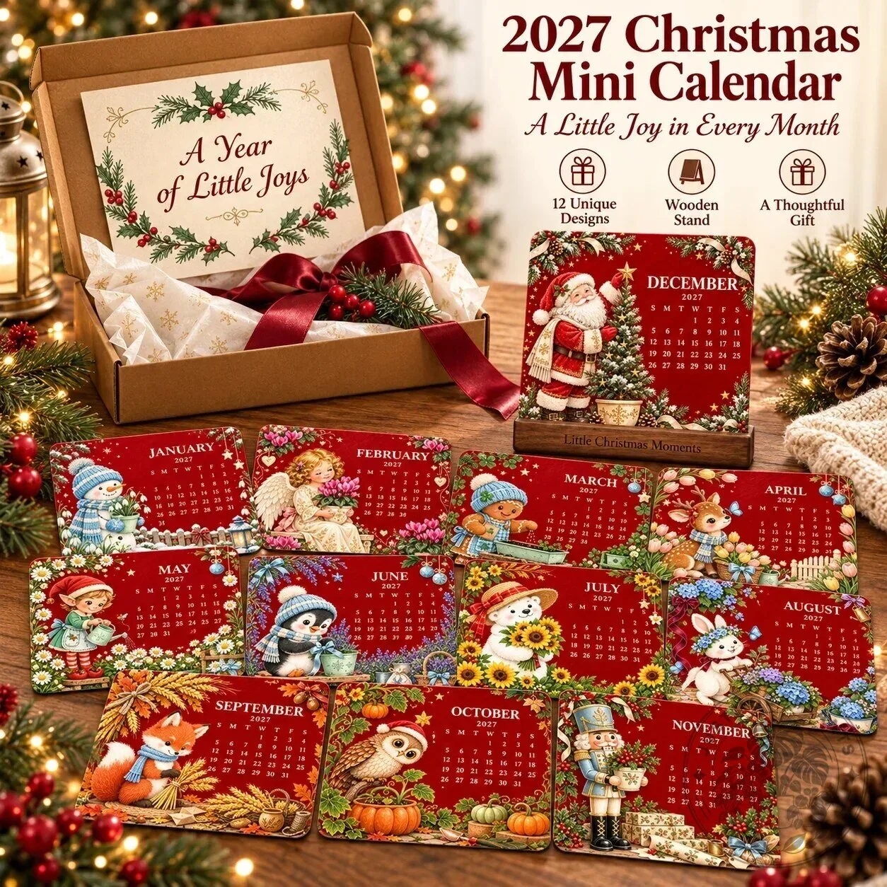 2027 Christmas Mini Calendar with Wooden Stand, A Year of Little Joys Desk Calendar 2D