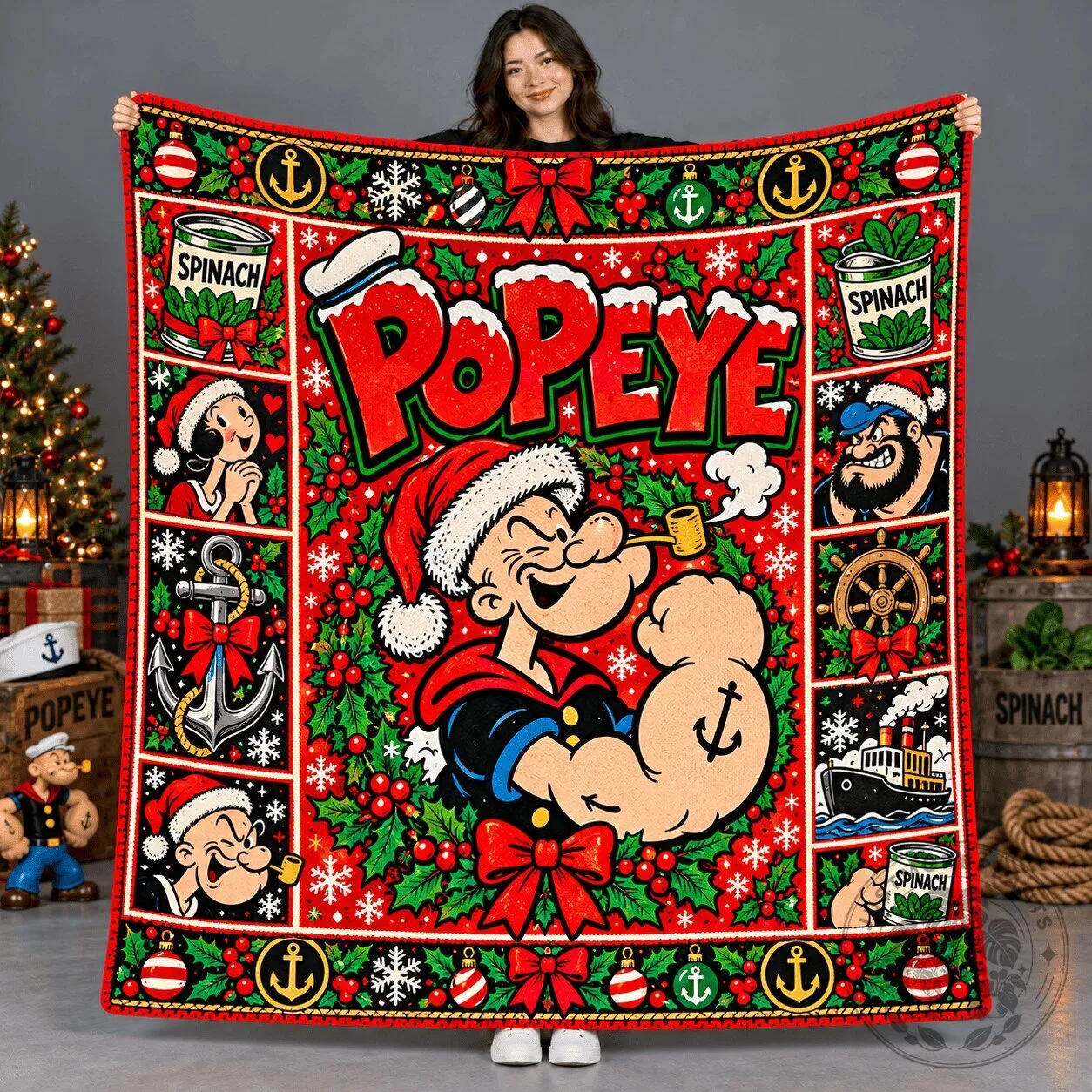 Christmas Popeye The Sailor Man Cartoon Character Holiday Fleece Blanket