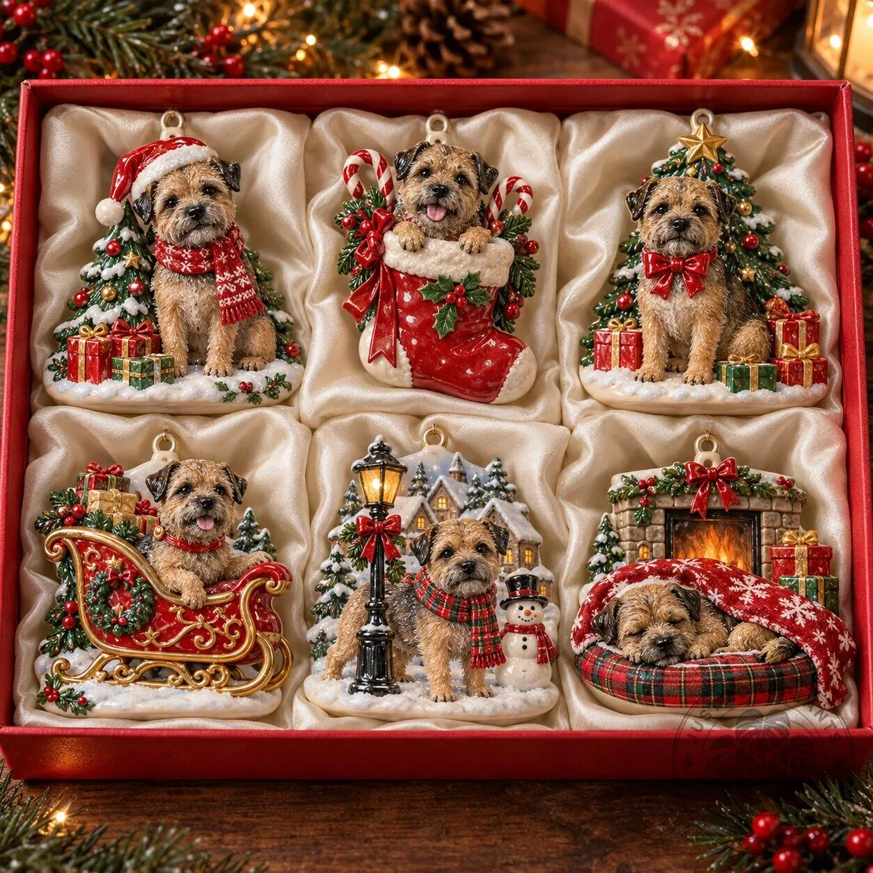 Border Terrier Dog Christmas Tree Holiday Ornament Set