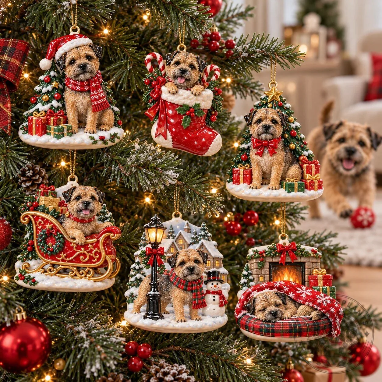 Border Terrier Dog Christmas Tree Holiday Ornament Set 10 Border Terrier Dog Christmas Tree Holiday Ornament Set