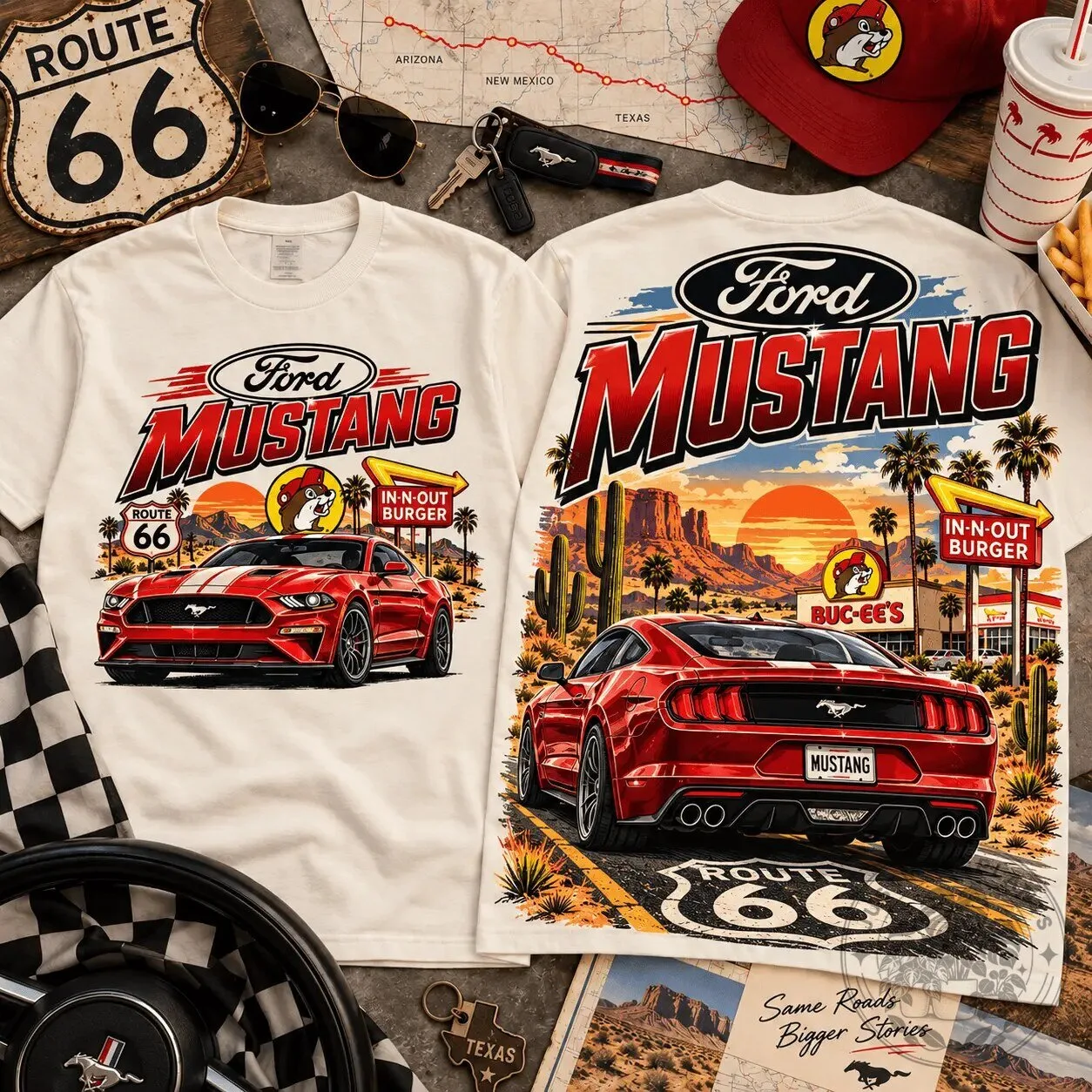 Ford Mustang Route 66 In-N-Out Burger Buc-ee's Graphic T-Shirt