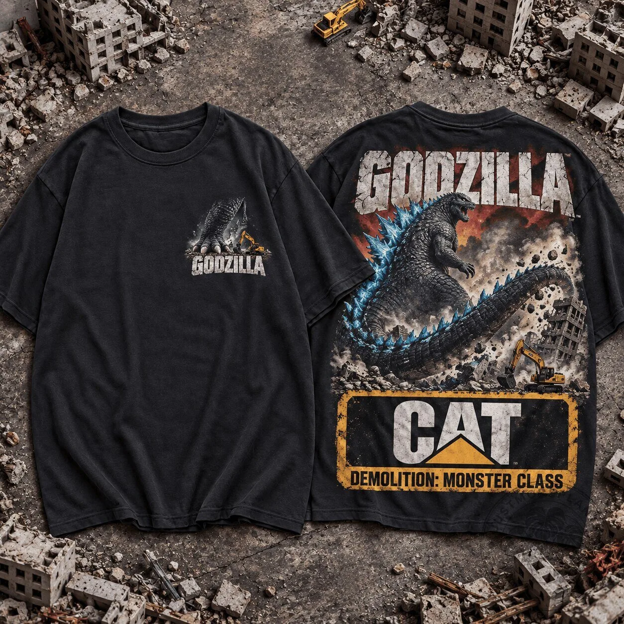 Black T-Shirt Featuring Godzilla Monster Class Demolition Heavy Equipment Parody Design