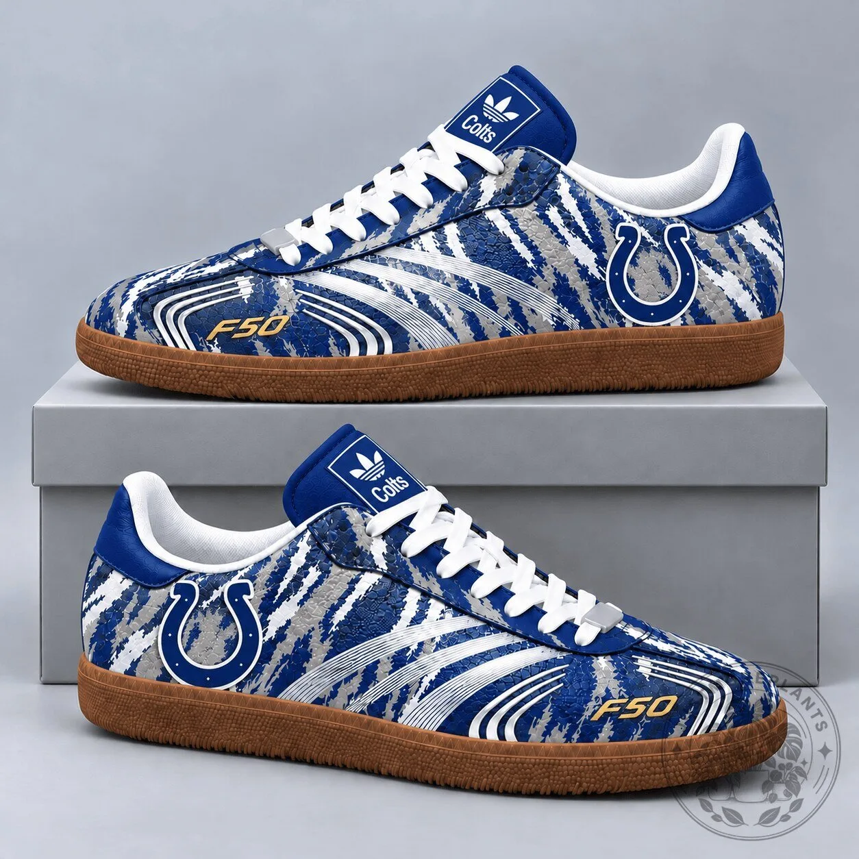 Indianapolis Colts F50 Tiger Print Blue and White Low Top Gum Sole Sneakers