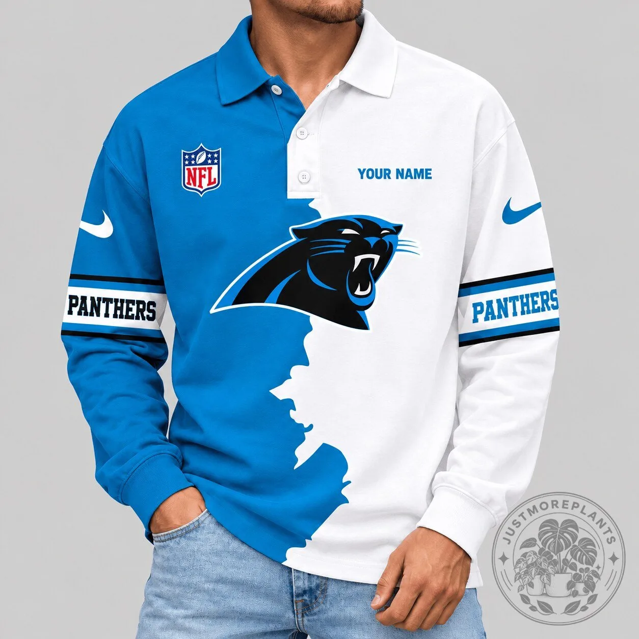 Carolina Panthers NFL Split Panel Personalized Long Sleeve Polo Shirt