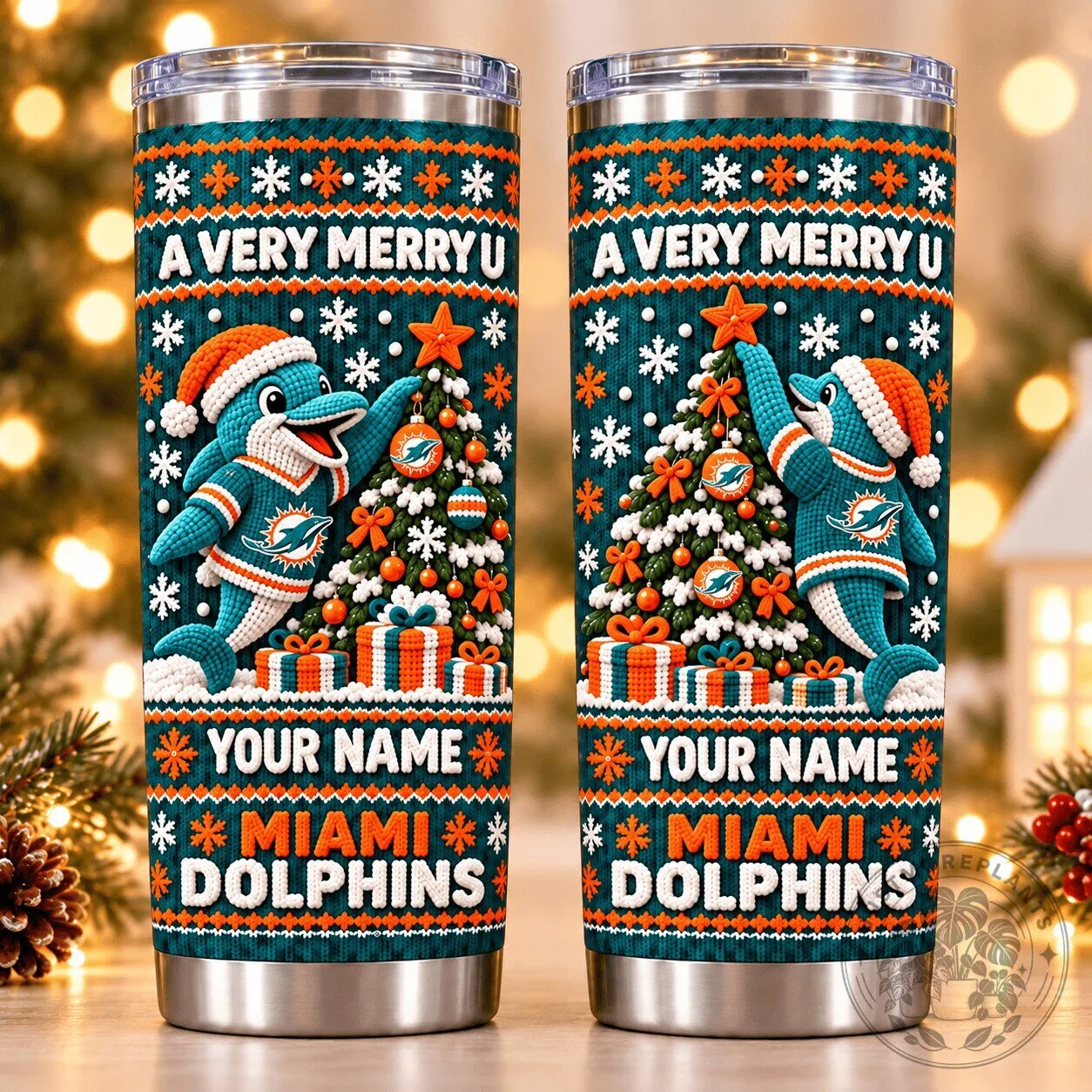 Miami Dolphins Christmas Ugly Sweater Pattern Personalized Tumbler