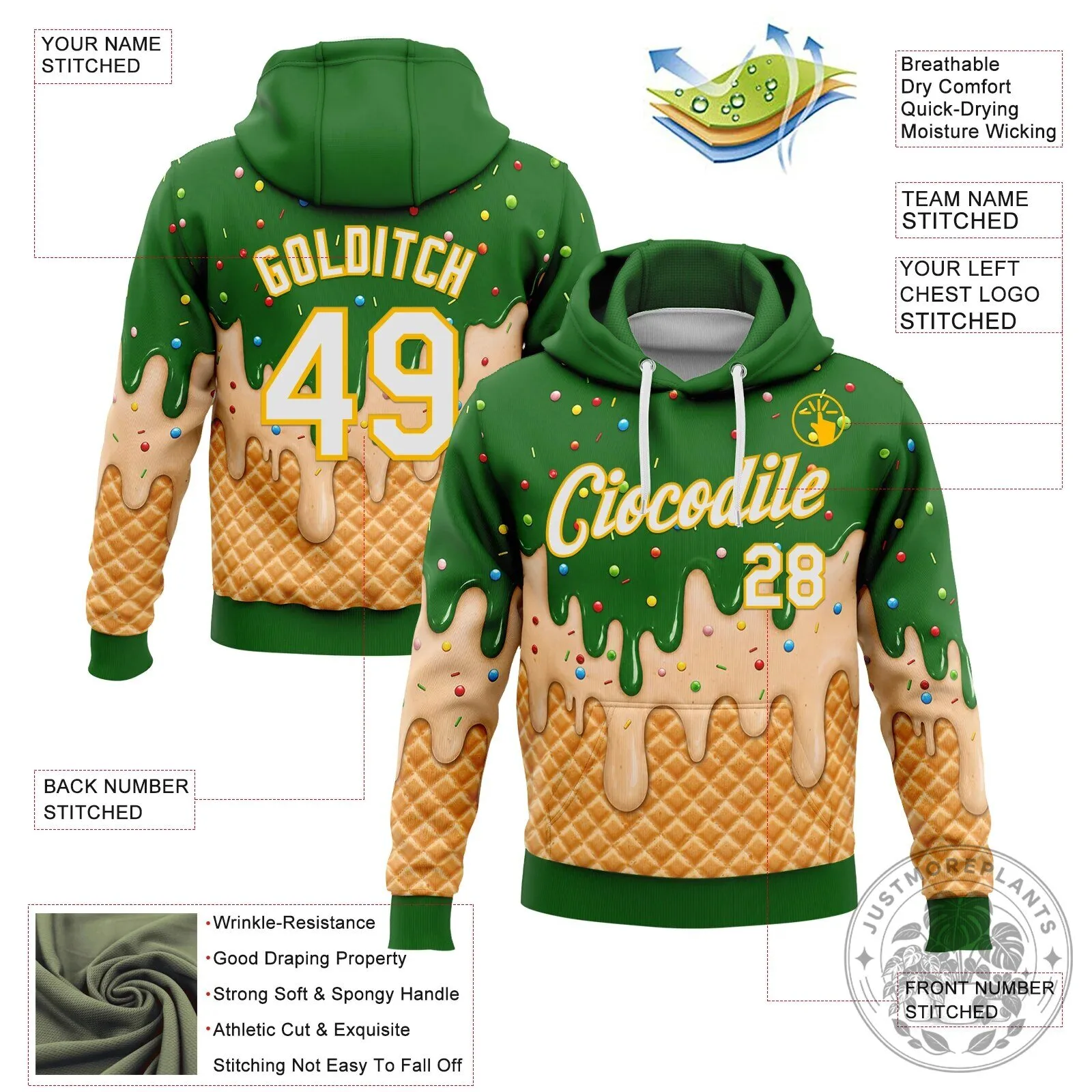 Ice Cream Waffle Cone Green Custom Name and Number Pullover Hoodie 11 Ice Cream Waffle Cone Green Custom Name and Number Pullover Hoodie