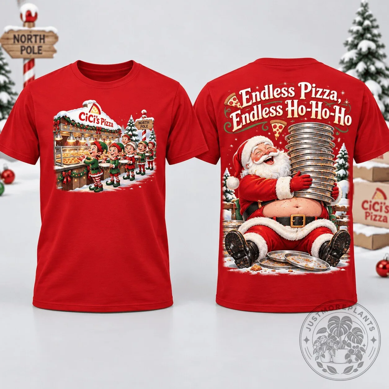 CiCi's Pizza Santa Endless Pizza Christmas Holiday Red T-Shirt for Pizza Lovers