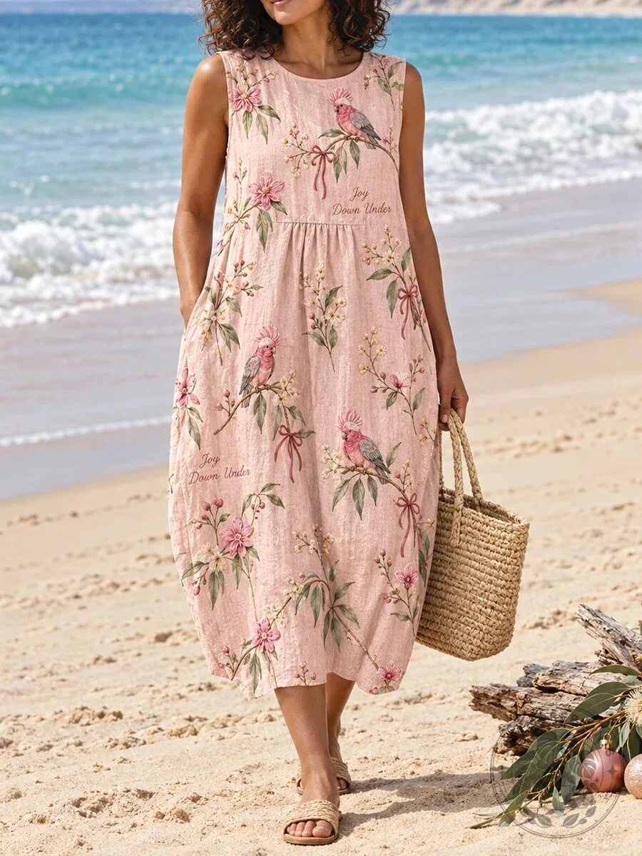Joy Down Under Australian Christmas Galah Bird Floral Pink Sleeveless Dress