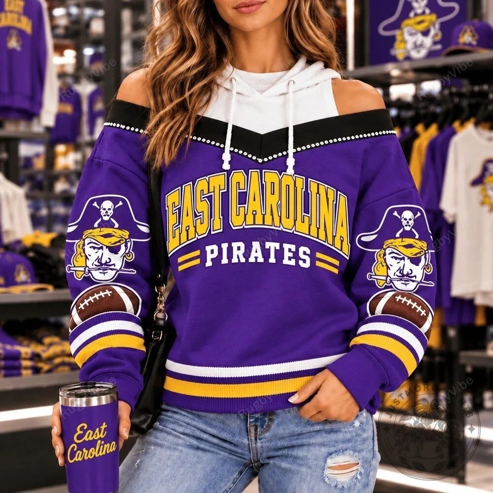 East Carolina Pirates Skull Football Team Logo Purple Off Shoulder Hoodie 3 East Carolina Pirates Skull Football Team Logo Purple Off Shoulder Hoodie