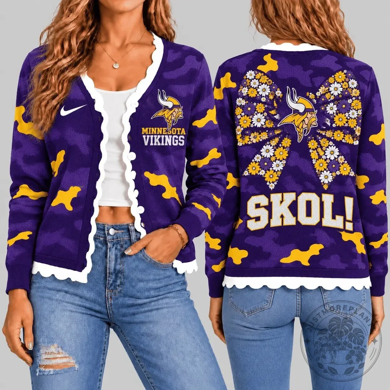 Minnesota Vikings Floral Bow Skol Camouflage Knit Cardigan for Women 3 Minnesota Vikings Floral Bow Skol Camouflage Knit Cardigan for Women
